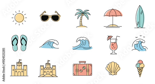 Collection of Summer Vacation Icons Sun, Beach, Palm Tree, Umbrella, Surfboard, Flip-flops, Waves, Cocktail, Castle, Suitcase, Seashell, and Ice Cream