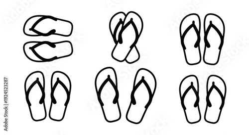 Collection of outline drawings of flip-flops in various arrangements on a white background