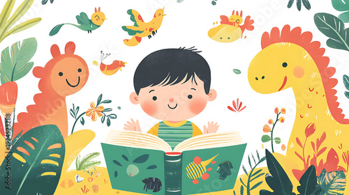A boy is reading a book in front of a dinosaur and a giraffe