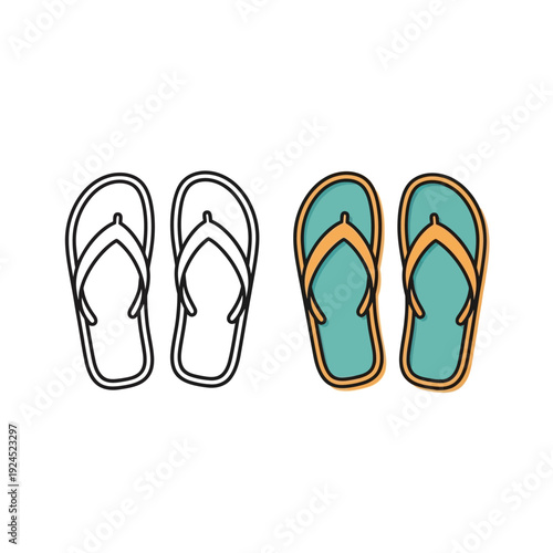 Pair of flip-flops, one in outline and the other in color, representing summer footwear and beach accessories