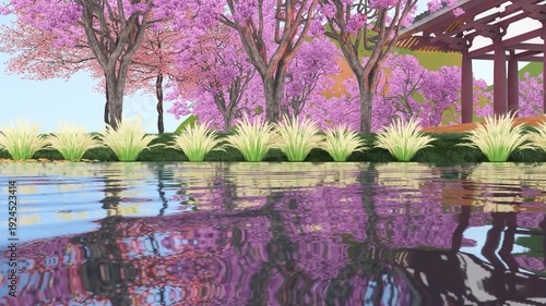Tranquil Garden Pond with Cherry Blossoms and Pergola Reflection.