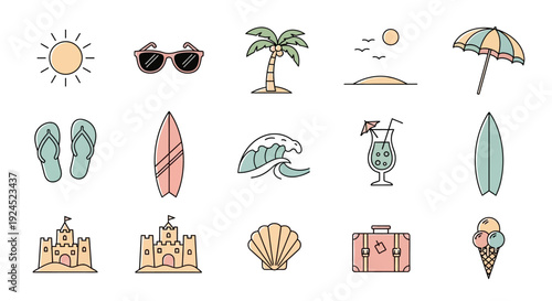 Summer vacation symbols, including a surfboard, sunglasses, palm tree, ice cream, and beach umbrella, representing a relaxing getaway and warm weather activities