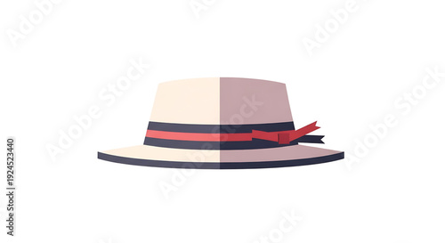Chic flat design illustration of a vintage-inspired boater hat, featuring a sophisticated band and a stylish red ribbon detail, ideal for fashion, events, and summer themes