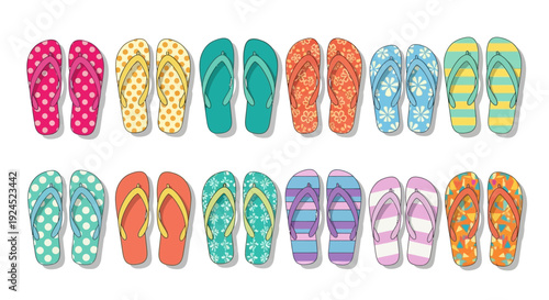 A vibrant collection of colorful flip-flops arranged in two rows, showcasing a variety of patterns and designs, perfect for summer and beach themes