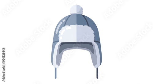 Modern flat art depicting a warm grey ushanka cap, featuring soft fur lining and ear coverings, an essential accessory for chilly outdoor adventures and winter fashion apparel