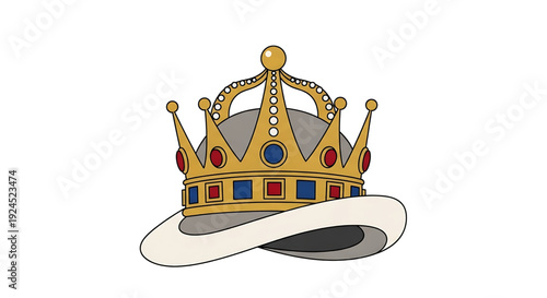 Regal golden crown vector illustration, adorned with vibrant red and blue jewels, gracefully resting on a soft white cushion. Represents monarchy, authority, and historical significance in design