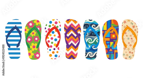 A vibrant collection of colorful and patterned flip-flops, perfect for summer and beach activities, showcasing a variety of fun designs