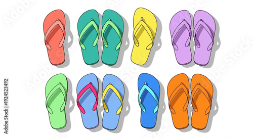 Colorful flip-flops arranged in two rows, representing summer footwear and beach vacation essentials