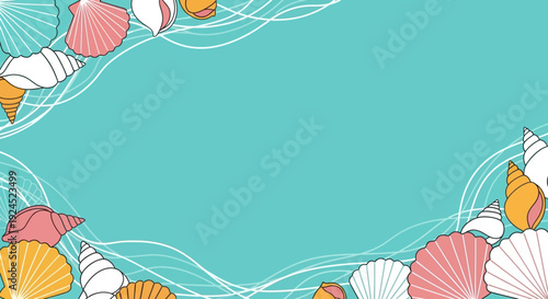 Colorful seashells on turquoise background border.
