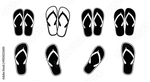 A Collection of Black and White Flip-Flops Displayed in Various Angles on a White Background, Perfect for Summer and Beach Themes