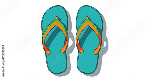 Turquoise flip-flops with orange and green straps casting a shadow on a white background, vector illustration