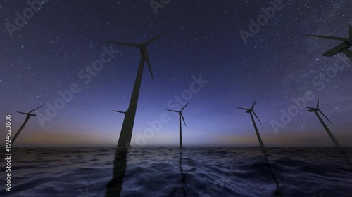 Offshore Wind Turbines at Dusk with Starry Sky.