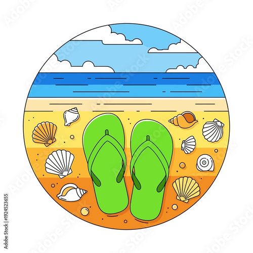 A pair of green flip-flops resting on a sandy beach with seashells and a calm blue ocean in the background, perfect for summer vacation vibes