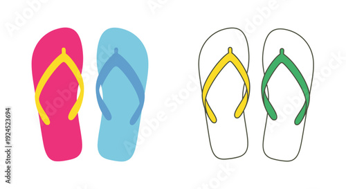 Two pairs of colorful flip-flops, one pair pink and yellow, another pair green and yellow, presented as isolated vector graphics on a white background, perfect for summer or beach themes