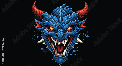 Fierce blue dragon head with red horns and glowing eyes, mythical monster mascot for gaming, fantasy creature illustration, black background.