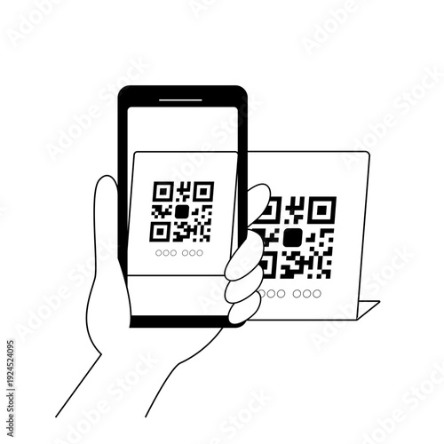 モノクロ線画イラスト | スマートフォンでQRコードをスキャンする手と案内パネルの構成 | マニュアル・手順説明用素材