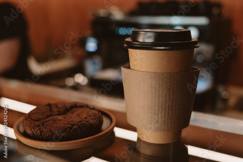 Fotografía Close-up of a takeaway coffee cup with kraft sleeve and lid placed on a coffee counter beside a chocolate cookie