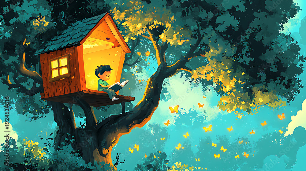 Fototapeta premium A boy is sitting on a treehouse reading a book