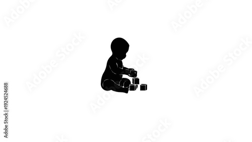 Silhouette of a baby playing with blocks on a white background.