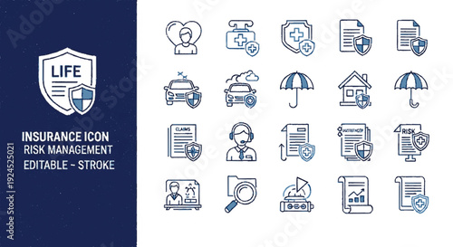 Life insurance and risk management editable stroke icons set for protection and security