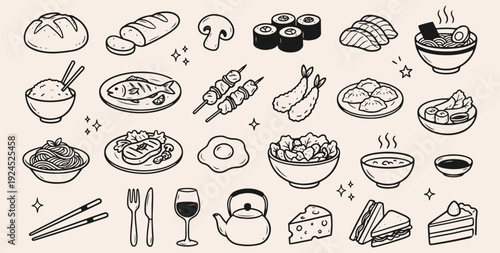 Hand drawn brunch food doodle vector set with pancakes, eggs, coffee and pastries for cafe menus, restaurant branding, food blogs, packaging design and social media promotions