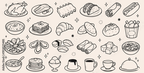 Collection breakfast and brunch sketch collection featuring croissants, toast and hot drinks for menu templates, culinary marketing materials, kitchen decor prints and digital content creators