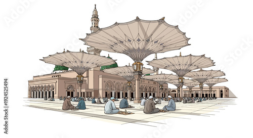 Vector illustration of people breaking their fast at iftar in a serene Madinah mosque courtyard with a stunning sunset background and traditional decorations.