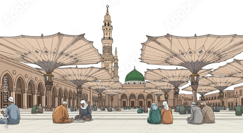 Vector illustration of people gathered for iftar in front of a mosque in Madinah during Ramadan with a beautiful sunset and traditional fast breaking food.