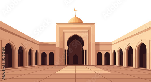 An illustration of a serene mosque courtyard at sunset in Madinah, with a warm color palette and a group of people gathered for iftar, a traditional fast-breaking meal during Ramadan.