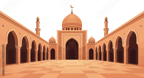 Illustration of a serene mosque courtyard in Madinah with a stunning sunset view and traditional architectural details.