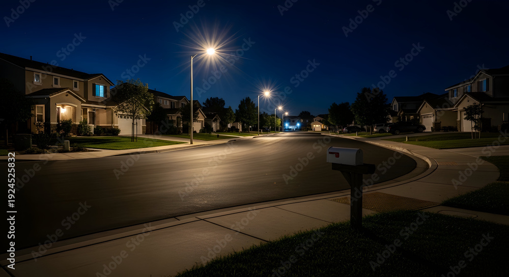 Fototapeta premium Peaceful Suburban Neighborhood at Night Ideal for Home Security Real Estate and Community Safety Concepts - 110 Chars