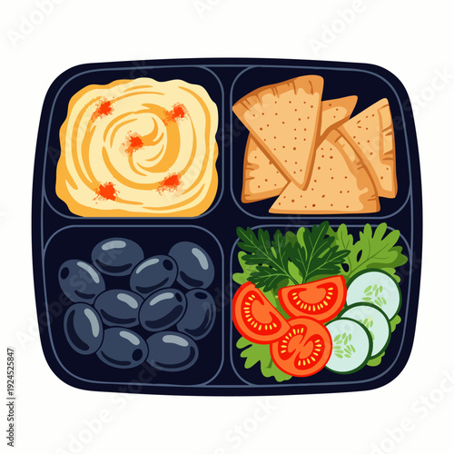 Healthy Mediterranean Bento Box Lunch with Hummus, Pita Bread, Olives, and Fresh Salad