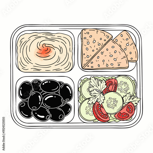 Hand-drawn illustration of a delicious Mediterranean mezze platter with creamy hummus, warm pita bread, ripe black olives, and a fresh cucumber tomato salad.