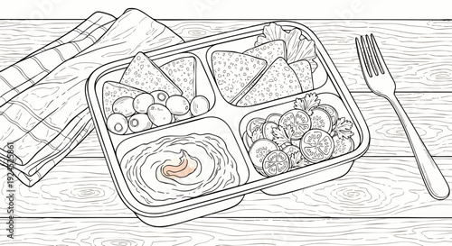Line art illustration of a healthy partitioned meal tray with sandwiches, olives, hummus, and fresh vegetables on a wooden table. Meal prep concept.