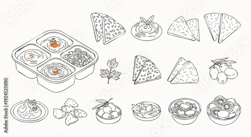Middle Eastern and Mediterranean Mezze Platter. Hand-drawn line art vector with hummus, baba ghanoush, pita, olives, and dips. Traditional appetizers.