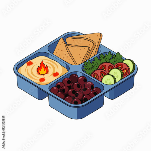 Cartoon-style segmented lunch tray with a balanced meal: spicy hummus, toasted pita bread, crisp garden salad, and black olives on a white background.