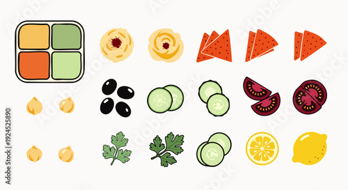 Healthy Mediterranean Meal Prep Ingredients Vector Flat Lay. Top view of hummus, olives, cucumber, tomato, lemon, chips, and chickpeas for balanced diet.