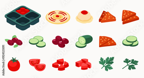 Isometric cartoon food ingredients set for cooking and meal preparation, featuring pizza toppings, fresh vegetables, fruits, and sauces, on white background.