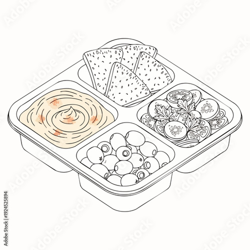 Line art illustration of a healthy Mediterranean snack platter featuring hummus, fresh salad, green olives, and pita bread. Perfect for appetizers, party food, healthy eating.