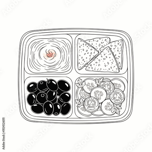 Hand-drawn illustration of a bento box with hummus, olives, pita bread, and salad, top view, black and white sketch