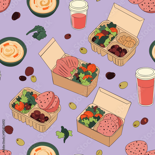 Seamless pattern of healthy lunch boxes with salad, deli meats, olives, and hummus on a lilac background