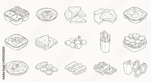 Isometric Food Icons: A Collection of Delicious Appetizers and Snacks in a Hand-Drawn Outline Style