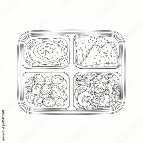 Overhead sketch of a bento box meal with hummus, olives, salad, and pita bread, healthy lunch concept