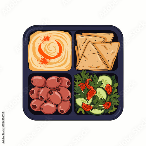 Healthy Mediterranean Bento Box Lunch with Hummus, Pita Bread, Olives, and Salad