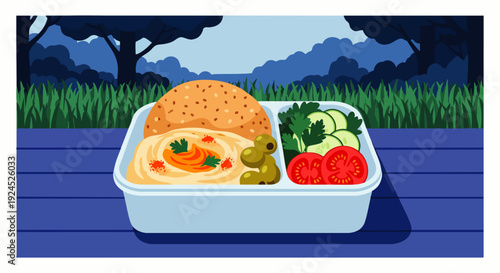 Healthy picnic lunch in a takeaway container with salad, sandwich, and hummus on a blue tablecloth outdoors