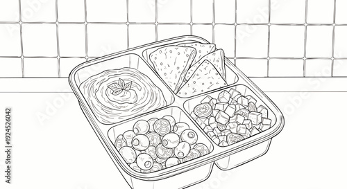 Healthy packed lunch in a compartmentalized container with hummus, blueberries, olives, and crackers, line art illustration