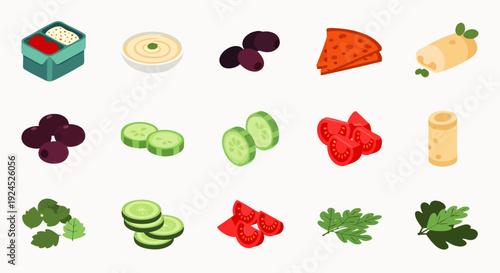 Collection of fresh ingredients for healthy eating, including vegetables, dips, and herbs, presented in a clean, modern isometric style.