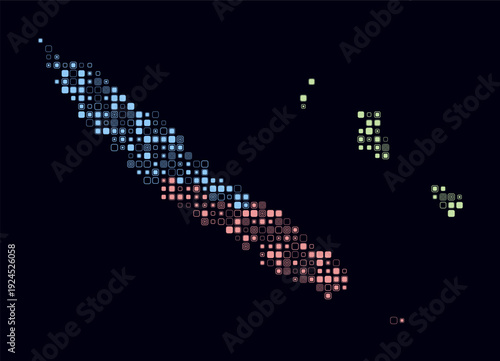 New Caledonia, shape of the country build of colored cells. Digital style map of the New Caledonia on dark background. Small size rounded square blocks. Vibrant vector illustration.