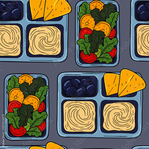 Healthy Packed Lunch Box with Hummus, Olives, Salad, and Tortilla Chips - Seamless Pattern