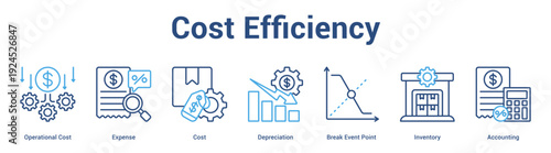 Cost Efficiency web banner icon set vector illustration concept for business with icon of Operational Cost, Expense, Cost, Depreciation, Break Event Poi.